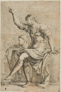 En krigare sitter på ett block och gör gester; två figurer är bakom honom, från Figurine-serien av Salvator Rosa