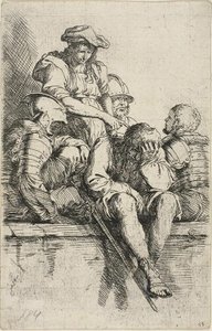 Fyra krigare och en stående yngling, som pekar ner på en av dem, från Figurine-serien av Salvator Rosa