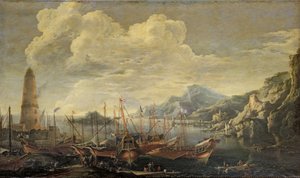 Hamn med fyr och fartyg av Salvator Rosa
