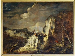 Klippigt landskap med en jägare och krigare - Ett klippigt ... av Salvator Rosa