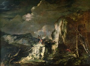 Klippigt landskap med en jägare och krigare av Salvator Rosa