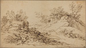 Stenigt landskap med ett rustikt hus av Salvator Rosa