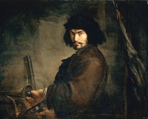 Självporträtt klädd som krigare, av Salvator Rosa (1615-1673), olja på duk, 94x107 cm av Salvator Rosa