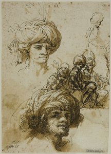 Skisser av män med turban (recto); Fragment av en figur och skisser av folierade arkitektoniska ornament (verso) av Salvator Rosa