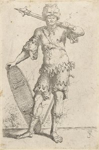 Stående exotisk krigare som bär en lejonhuvudmössa, håller i en tapp och sköld, c.1656-57 (etsning på lagt papper) av Salvator Rosa