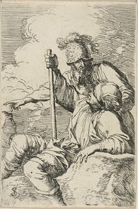 Tre krigare, en sittande på en förgrundsklippa som håller en stav; den andra står bakom honom och pekar, den tredje ses som ett ansikte bakom dem, från Figurine-serien av Salvator Rosa