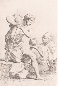 Två män sitter och en annan man som håller en stav på knä på en sten, från serien..., ca. 1656-1657. av Salvator Rosa