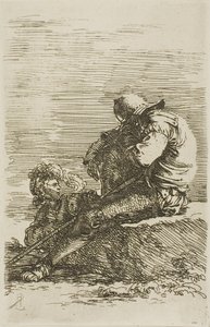 Två krigare, den ena sittande och sovande på en sten i förgrunden, ur Figurinserien av Salvator Rosa