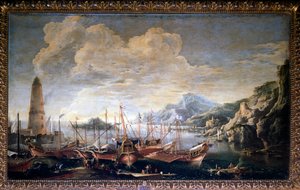 Utsikt över en hamn - olja på duk av Salvator Rosa
