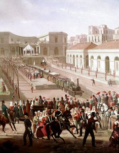 Invigning av järnvägslinjen mellan Neapel och Portici 1839 i närvaro av kung Ferdinand II (Invigning av järnvägslinjen mellan Neapel och Portici 1839) Detalj - Målning av Salvatore Fergola (1799-1877) Museo Nazionale di San Martino Nap