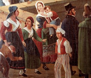 Traditionella napolitanska dräkter: vanliga människor Detalj av en målning av Salvatore Fergola (1799-1877) 1859 National Museum of San Martino Neapel