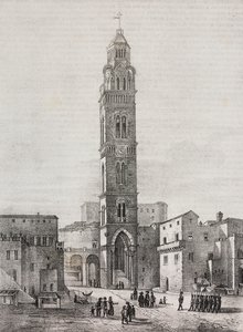 Klocktornet i Gaeta-katedralen, Lazio, Italien, litografi av Salvatore Puglia efter teckning av Pasquale Mattei (1813-1879), från Poliorama Pittoresco, n 48, 6 juli av Salvatore Puglia