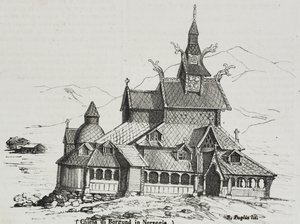 Borgund stavkyrka, Norge, litografi av Salvatore Puglia från Poliorama Pittoresco, n 40, 14 maj