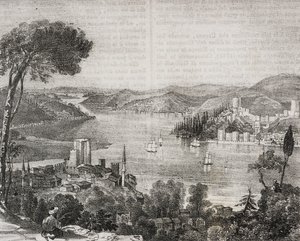 Bosporen-slott vid Asiens och Europas kuster, Turkiet, litografi av Gaetano Riccio från Poliorama Pittoresco, n 18, 9 december av Salvatore Puglia