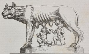 Capitoline she-wolf, bronsstaty, Rom, Lazio, Italien, litografi av Salvatore Puglia från Poliorama Pittoresco, n 25, 25 januari