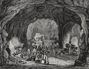 Grotta nära Gibraltarklippan, Spanien, litografi av Salvatore Puglia från Poliorama Pittoresco, n 20, 24 december av Salvatore Puglia