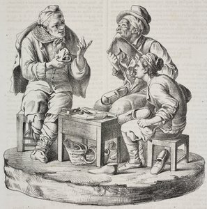 Skomakare i tvister, statyetter av Giacomo Bongiovanni och Giuseppe Vaccaro, litografi av Salvatore Puglia från Poliorama Pittoresco, n 32, 18 mars av Salvatore Puglia