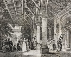 Entréhallen i Serraglio, Turkiet, från berättelseharem i öst, litografi från Poliorama Pittoresco, n 12, 28 oktober av Salvatore Puglia