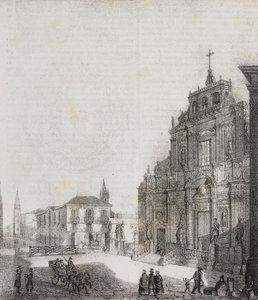 Fasad av basilikan San Sebastiano i Acireale, Sicilien, Italien, litografi av Salvatore Puglia från Poliorama Pittoresco, n 39, 3 maj av Salvatore Puglia