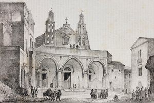 Fasad av katedralen i Sessa Aurunca, Campania, Italien, litografi av Salvatore Puglia efter teckning av Pasquale Mattei (1813-1879) från Poliorama Pittoresco, n 42, 24 maj av Salvatore Puglia