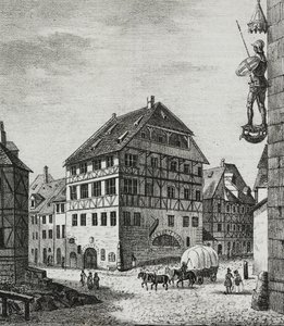 House of Albrecht Durer (1471-1528) i Nürnberg, Tyskland, litografi av Salvatore Puglia från Poliorama Pittoresco, n 31, 12 mars