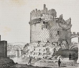 Cecilia Metellas mausoleum på Via Appia, Rom, Lazio, Italien, litografi av Salvatore Puglia från Poliorama Pittoresco, n 20, 21 december av Salvatore Puglia