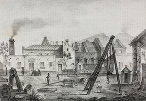 Reale Opificio meccanico (Kungliga mekaniska fabriken) i Pietrarsa, Kampanien, Italien, litografi av Gaetano Riccio från Poliorama Pittoresco, nr 39, 7 maj av Salvatore Puglia