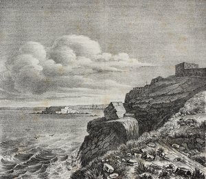 Grav för Francois-Rene de Chateaubriand i Saint-Malo, Frankrike, litografi av Gaetano Riccio från Poliorama Pittoresco, n 32, 18 mars av Salvatore Puglia