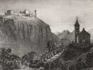 Resa till Cappelluccia, scen för Magic Lantern, samling berättelser och bilder, litografi av Salvatore Puglia från Poliorama Pittoresco, n 41, 17 maj av Salvatore Puglia