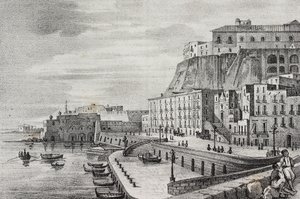 Utsikt över Borgo Santa Lucia, Neapel, Kampanien, Italien, litografi av Salvatore Puglia från Poliorama Pittoresco, n 36, 15 april av Salvatore Puglia