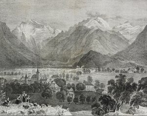 Vy över Interlaken, Schweiz, litografi av Salvatore Puglia från Poliorama Pittoresco, n 36, 16 april av Salvatore Puglia