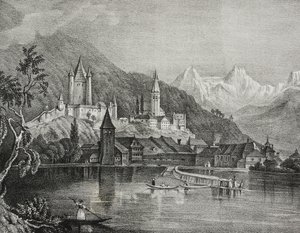 Utsikt över Thun, kantonen Bern, Schweiz, litografi av Salvatore Puglia från Poliorama Pittoresco, n 35, 9 april av Salvatore Puglia