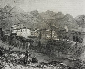 Utsikt över klostret San Martino delle Scale nära Palermo, Sicilien, Italien, litografi av Salvatore Puglia från Poliorama Pittoresco, n 47, 2 juli av Salvatore Puglia