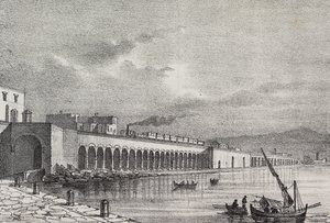 Vy över järnvägen vid Torre Annunziata, Kampanien, Italien, litografi av Gaetano Riccio från Poliorama Pittoresco, n 21, 31 december av Salvatore Puglia