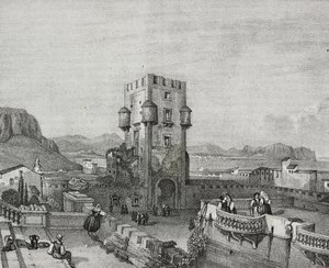 Villa of Prince of Butera i Bagheria, Palermo, Sicilien, litografi av Salvatore Puglia från Poliorama Pittoresco, n 3, 28 augusti