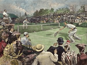 Lawn Tennis Championship i Wimbledon 1891, W Baddeley och J Pim tävlar om finalplatserna (gravyr i färg)