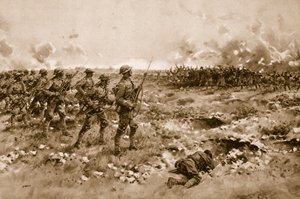 Deras sista hopp: Demoraliserade tyska soldater ber om nåd från de framryckande brittiska trupperna (litho)