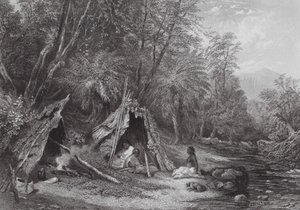Australien: Infödingarnas läger (gravyr) av Samuel (after) Prout