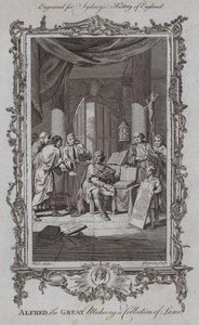 Alfred den store gör en samling lagar (gravyr) av Samuel (after) Wale