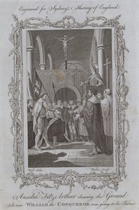 Anselm Fitz-Arthur gör anspråk på marken där Vilhelm Erövraren skulle begravas (gravyr) av Samuel (after) Wale