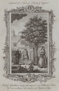 Biskop Gardiner kommer med en vakt för att gripa Catherine Parr, som gick i trädgården med Henrik VIII (gravyr)