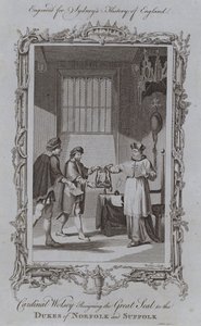 Kardinal Wolsey avsäger sig det stora sigillet till hertigarna av Norfolk och Suffolk (gravyr) av Samuel (after) Wale