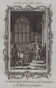 Charles den första som kräver de fem ledamöterna i underhuset (gravyr) av Samuel (after) Wale