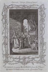 Dunstan släpar kung Edwy från sin gemål, drottning Ethelgiva på sin kröningsdag (gravyr) av Samuel (after) Wale