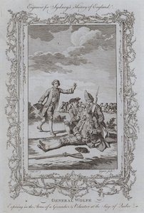 General Wolfe förfaller i armarna på en grenadjär och volontär vid belägringen av Quebec (gravyr) av Samuel (after) Wale
