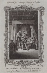 Henry Prince of Wales tar kronan från kudden på sin far Henrik IV (gravyr)