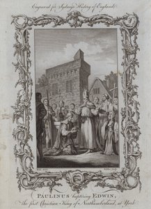 Paulinus döper Edwin, den första kristna kungen av Northumberland, i York (gravyr) av Samuel (after) Wale