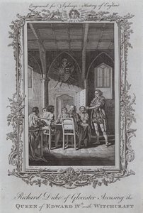Richard hertig av Gloucester anklagar drottningen av Edward IV med häxkonst (gravyr) av Samuel (after) Wale