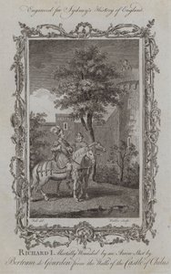 Richard I dödligt sårad av en pil skjuten av Bertram de Gourdon från murarna till slottet Chilus (gravyr)
