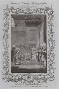 Hertigen av Queensberry och Dover presenterar unionsakten för drottning Anne (gravyr) av Samuel (after) Wale